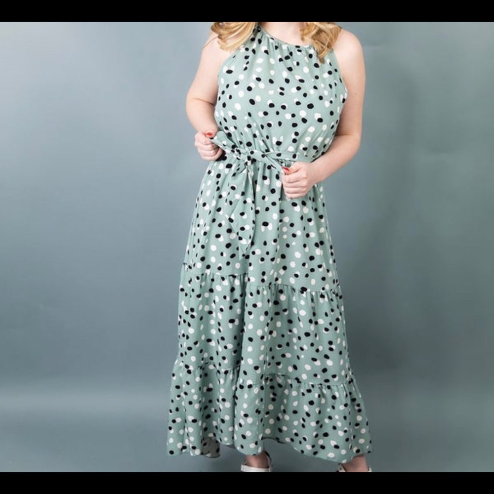 Sage dress with black and white dots.